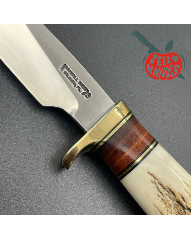 Randall Made Knives Model 26 - 4 Pathfinder forged stainless steel stag handle brass guard and pommel brown leather shea
