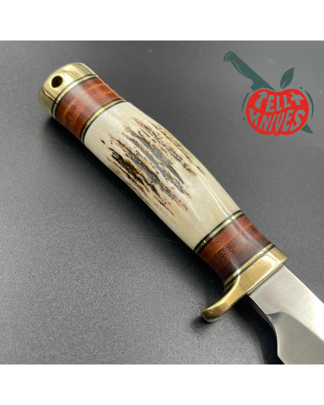 Randall Made Knives Model 26 - 4 Pathfinder forged stainless steel stag handle brass guard and pommel brown leather shea