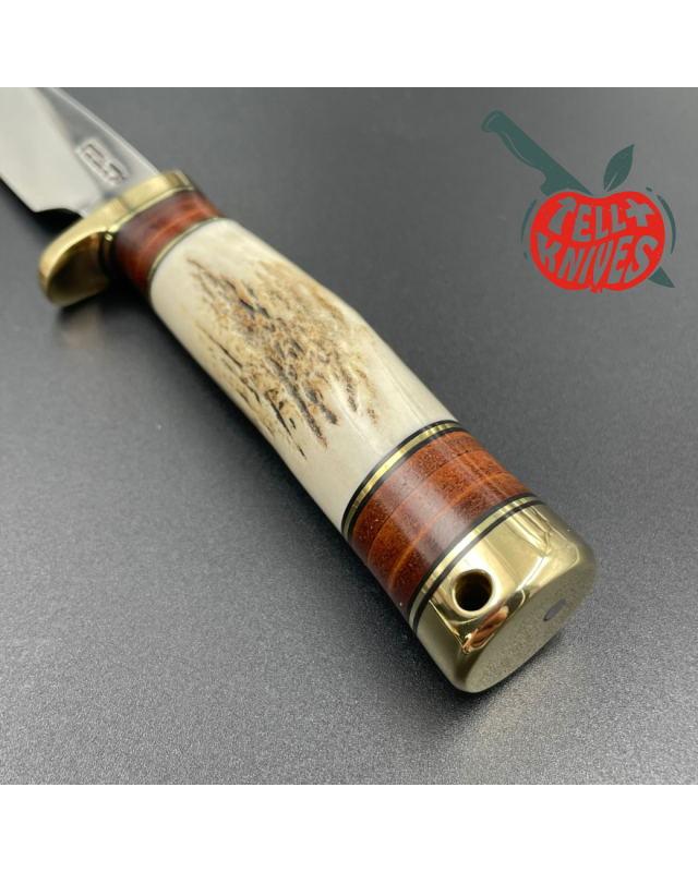 Randall Made Knives Model 26 - 4 Pathfinder forged stainless steel stag handle brass guard and pommel brown leather shea