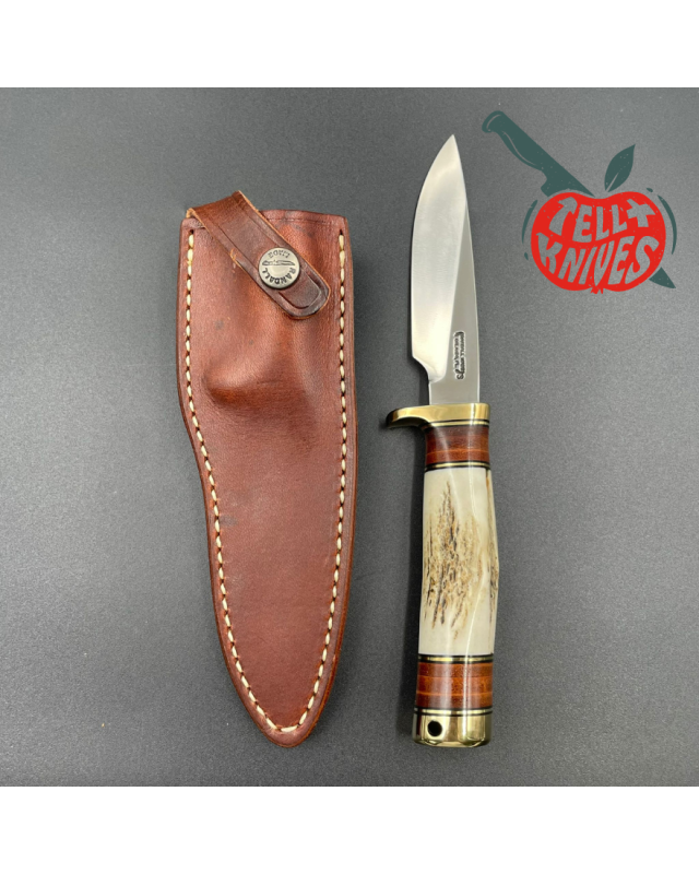 Randall Made Knives Model 26 - 4 Pathfinder forged stainless steel stag handle brass guard and pommel brown leather shea