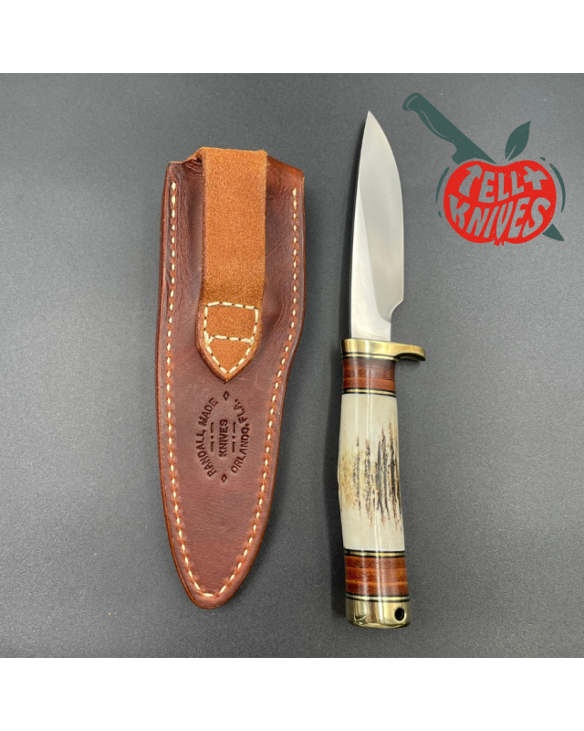 Randall Made Knives Model 26 - 4 Pathfinder forged stainless steel stag handle brass guard and pommel brown leather shea