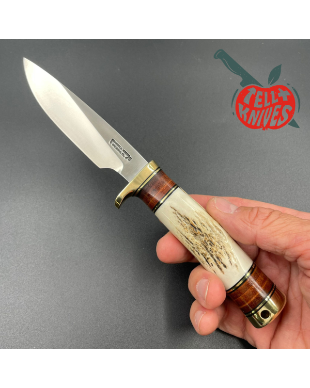 Randall Made Knives Model 26 - 4 Pathfinder forged stainless steel stag handle brass guard and pommel brown leather shea