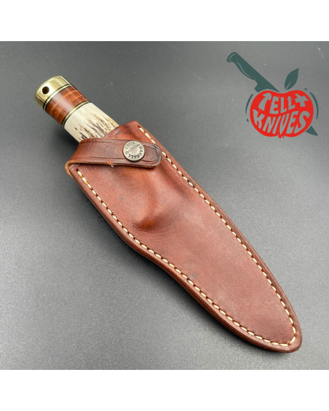 Randall Made Knives Model 26 - 4 Pathfinder forged stainless steel stag handle brass guard and pommel brown leather shea