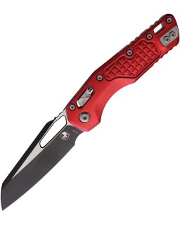 Microtech MSI M390MK steel two-tone finish blade Ram-Lok Frag pattern red aluminium handle