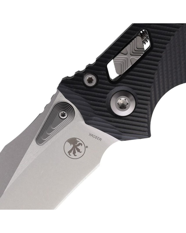 Microtech Amphibian Ram-Lok M390MK steel stonewash finish fluted black G10 handle