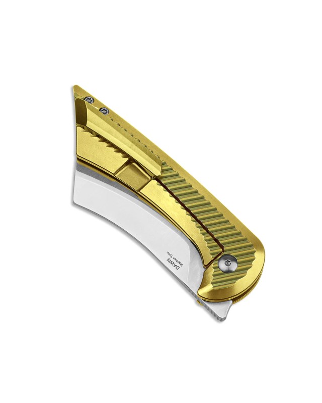 Dawn S35VN steel stonewash finish cleaver blade shape Framelock Gold Titanium handle
