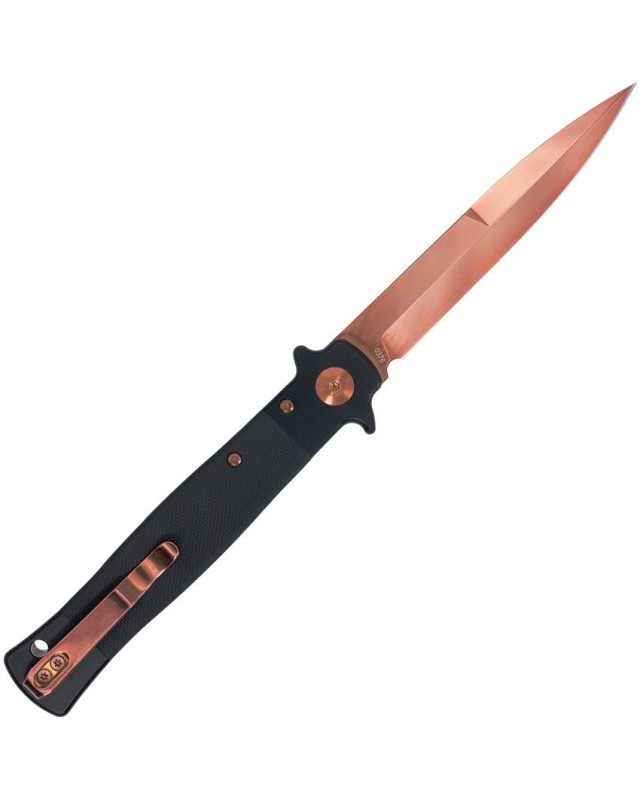 Cobratec Knives Stiletto VG-10 steel rose TiNi finish Button Lock Black G10 handle Switzerland Legal