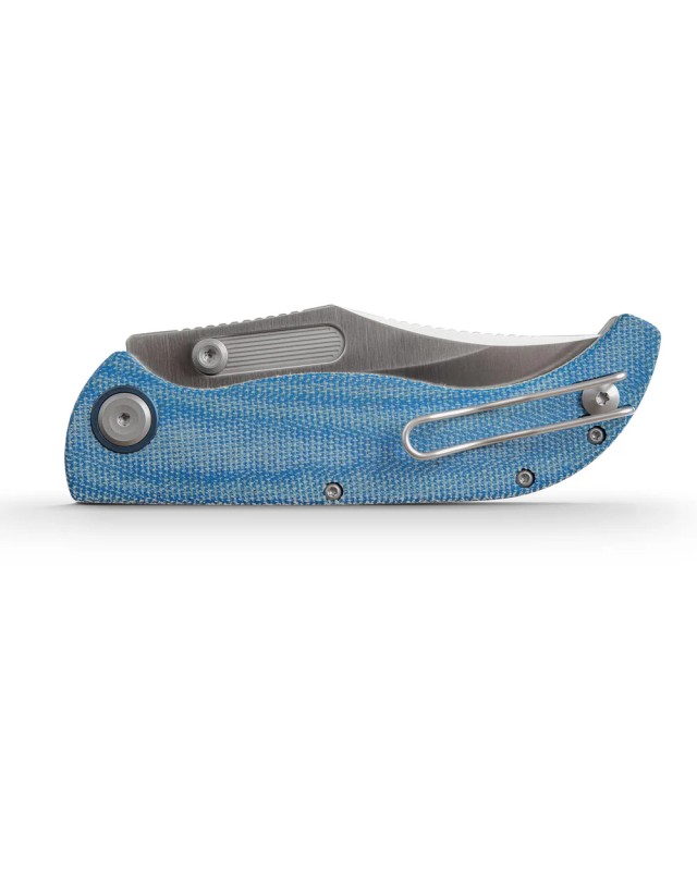 Vosteed Naga S35VN steel stonewash finish button lock blue micarta handle bowie blade