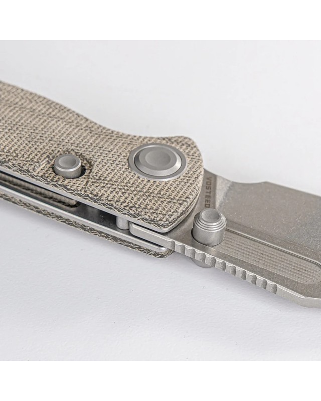 Vosteed Naga S35VN steel stonewash finish button lock green micarta handle bowie blade
