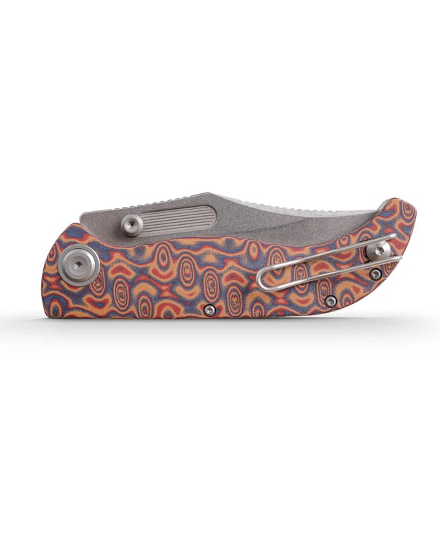 Vosteed Naga S35VN steel stonewash finish button lock Raindrop micarta handle bowie blade