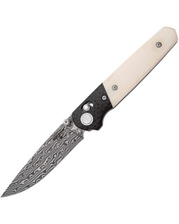 Bear & Son Lawman Damascus blade Slidelock CF bolsters White Bone handle