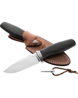 LionSteel ACHA fixed blade M390 premium steel satin finish blade Black Micarta handle brown leather sheath