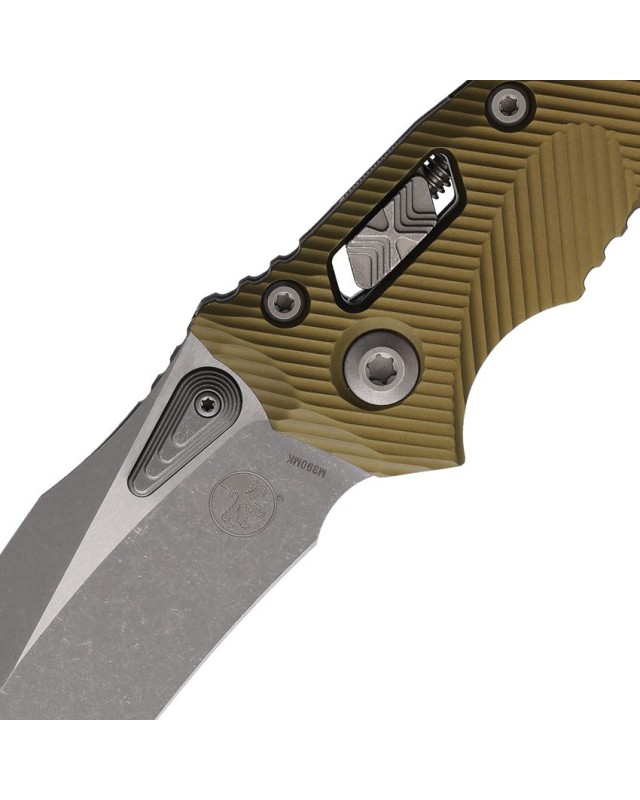 Microtech Amphibian Ram-Lok M390MK steel Apocalyptic finish fluted OD Green aluminium handle