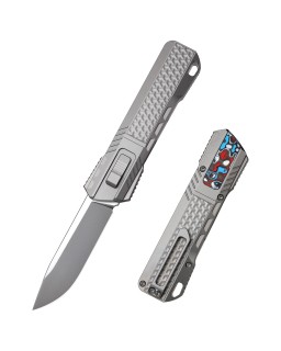 Remette Leopard Knife M390 premium steel light gray titanium handle Nebula Carbon Fiber inlay gravity knife (OTF Manual 