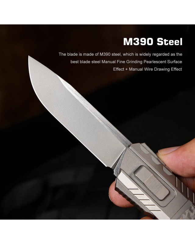 Remette Leopard Knife M390 premium steel light gray titanium handle Purple Carbon Fiber inlay gravity knife (OTF Manual 