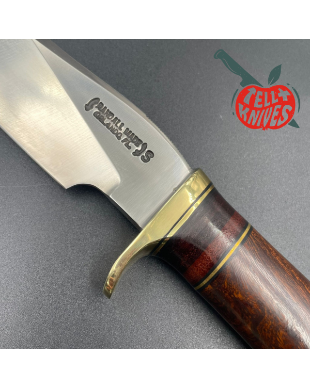 Randall Made Knives Model 27 Trailblazer forged stainless steel stacked leather and ironwood handle brass guard and pomm