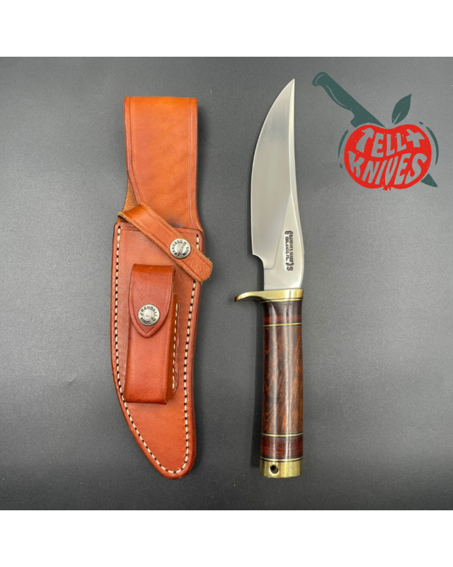 Randall Made Knives Model 27 Trailblazer forged stainless steel stacked leather and ironwood handle brass guard and pomm