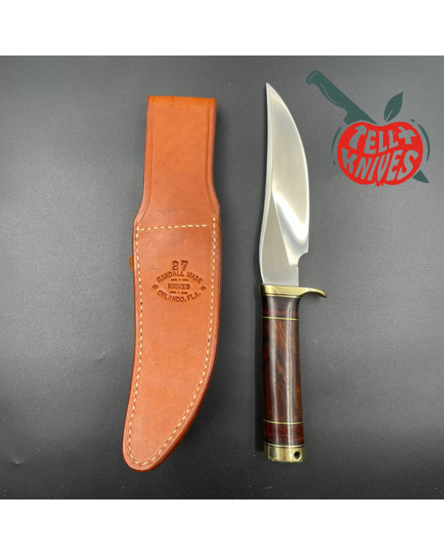 Randall Made Knives Model 27 Trailblazer forged stainless steel stacked leather and ironwood handle brass guard and pomm