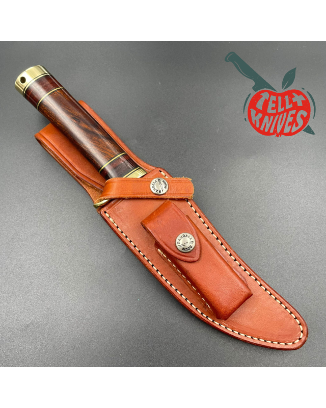 Randall Made Knives Model 27 Trailblazer forged stainless steel stacked leather and ironwood handle brass guard and pomm