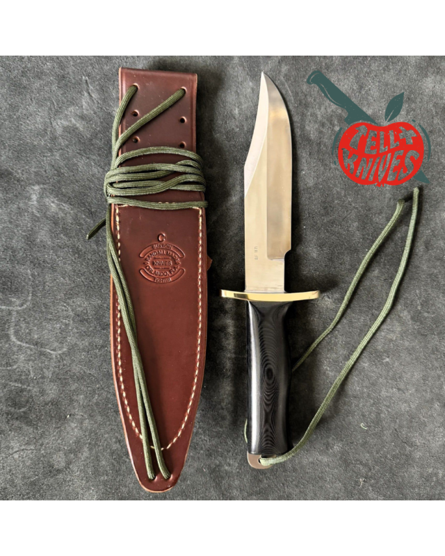 Randall Buxton Fighter Full Tang Stainless steel brass forward curved hilt black micarta handle brown leather sheath