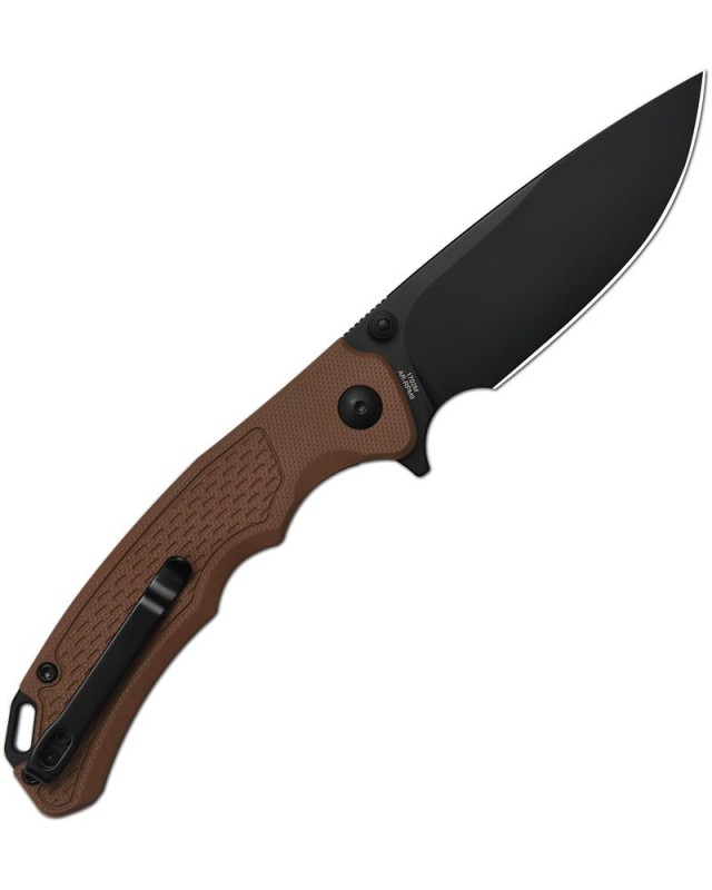 Artisan Cutlery Tradition V2 Linerlock black PVD coated AR-RPM9 stainless steel drop point blade Brown G10 handle