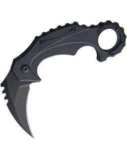 Brous Blades Enforcer Linerlock D2 tool steel blackout finish Karambit blade Black polymer handle Finger ring