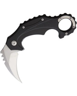 Brous Blades Enforcer Linerlock D2 tool steel satin finish Karambit blade Black polymer handle Finger ring