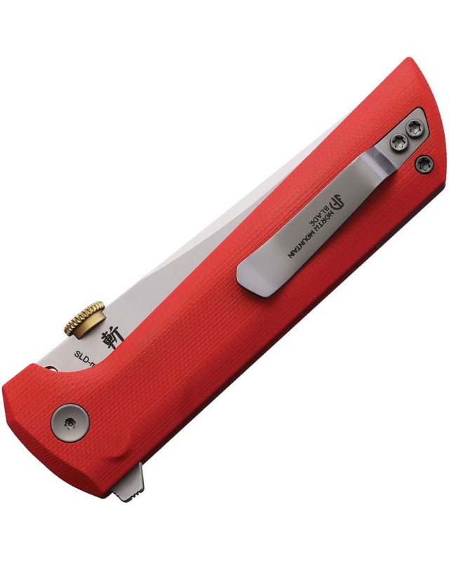 North Mountain Blade Chop2 SAN MAI Tanto SLD-Magic Steel Button Lock Red G10 handle .45ACP thumb disk Flipper