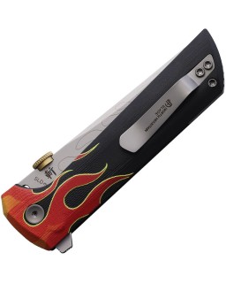 North Mountain Blade Chop2 SAN MAI Tanto SLD-Magic Steel Button Lock Hot Rod Flames G10 handle .45ACP thumb disk Flipper