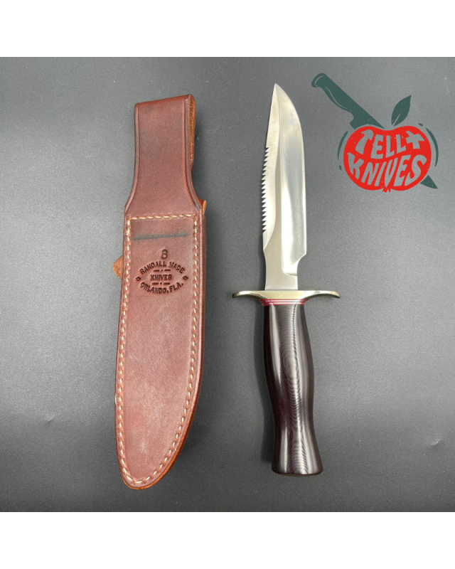 Randall Made Knives Model 1-6 forged stainless steel brown micarta handle sawteeth nickel silver guard brown leather she