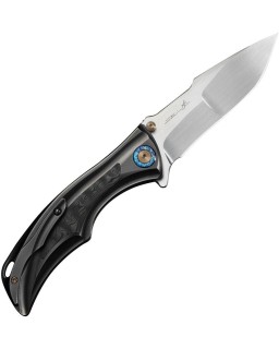 WEKNIFE Tighe Knife Satin Bohler M390 Blade Polished Gray Titanium Integral Handle Carbon Fiber Inlay Button Lock