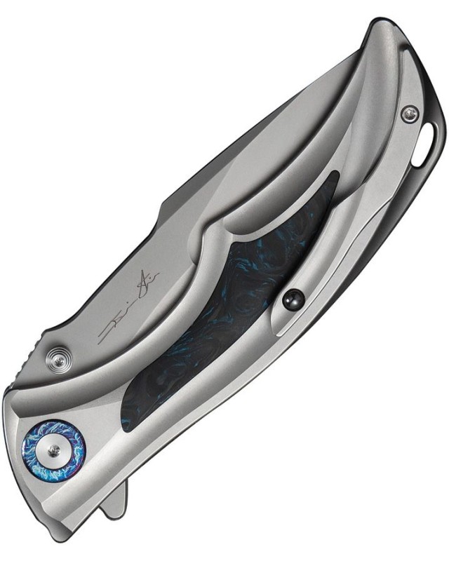 WEKNIFE Tighe Knife Satin Bohler M390 Blade Polished Silver Titanium Integral Handle Blue Carbon Fiber Inlay Button Lock
