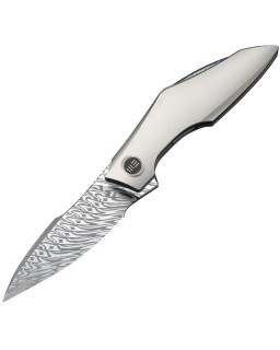 We Knife Co. Krait Snake Nested Framelock Fafnir Damasteel recurve harpoon blade Silver Titanium Handle