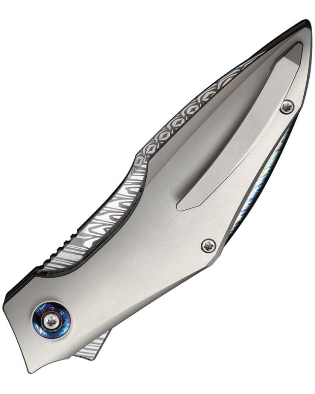 We Knife Co. Krait Snake Nested Framelock Fafnir Damasteel recurve harpoon blade Silver Titanium Handle