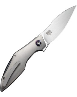 We Knife Co. Krait Snake Nested Framelock M390 premium steel satin finish recurve harpoon blade silver titanium Handle