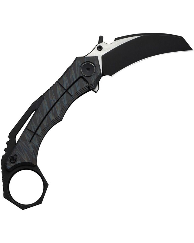 WeKnifeCo Tayra Karambit blackwash and satin finish Bohler M390 stainless hawkbill blade flame anodized titanium handle 