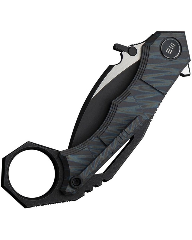 WeKnifeCo Tayra Karambit blackwash and satin finish Bohler M390 stainless hawkbill blade flame anodized titanium handle 