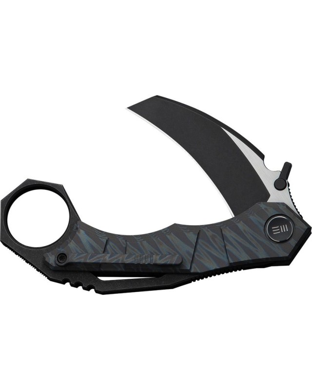 WeKnifeCo Tayra Karambit blackwash and satin finish Bohler M390 stainless hawkbill blade flame anodized titanium handle 