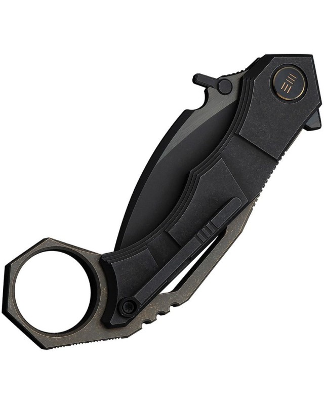 WeKnifeCo Tayra Karambit blackwash finish Bohler M390 stainless hawkbill blade blackwashed and brushed titanium handle f
