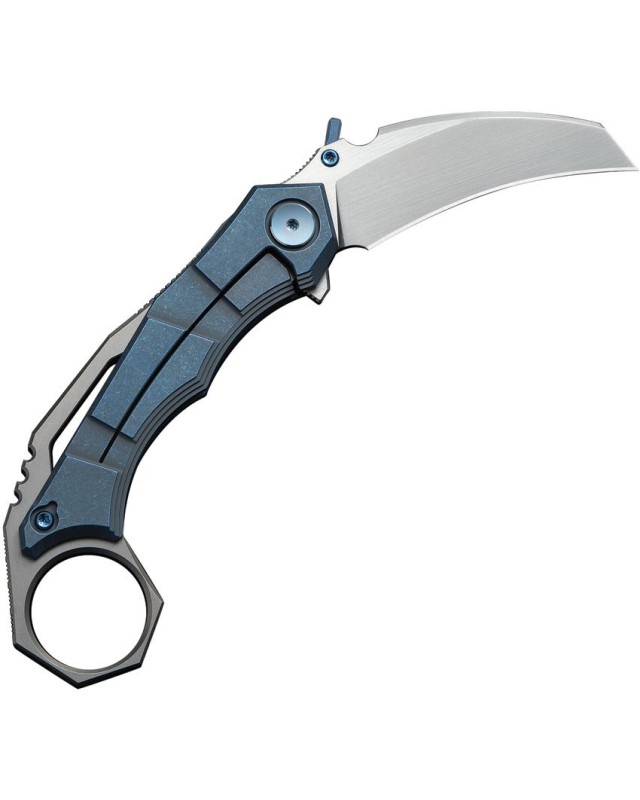 WeKnifeCo Tayra Karambit satin finish Bohler M390 stainless hawkbill blade blue stonewashed titanium handle finger ring