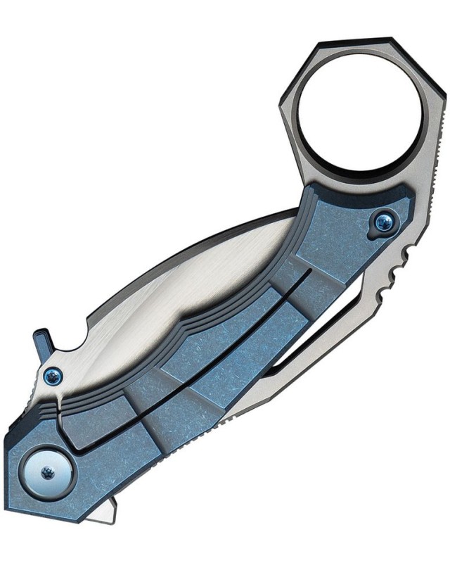 WeKnifeCo Tayra Karambit satin finish Bohler M390 stainless hawkbill blade blue stonewashed titanium handle finger ring