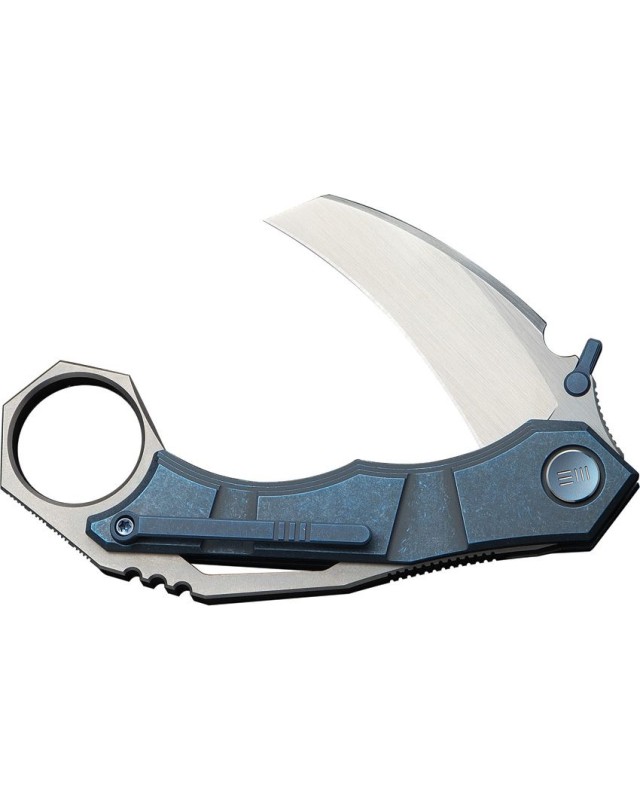 WeKnifeCo Tayra Karambit satin finish Bohler M390 stainless hawkbill blade blue stonewashed titanium handle finger ring