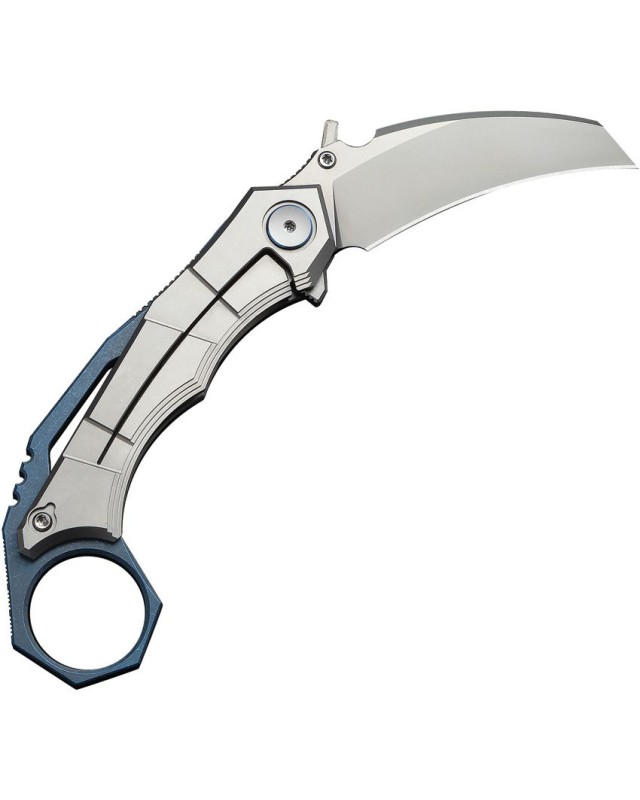 WeKnifeCo Tayra Karambit stonewash finish Bohler M390 stainless hawkbill blade blue and gray stonewashed titanium handle