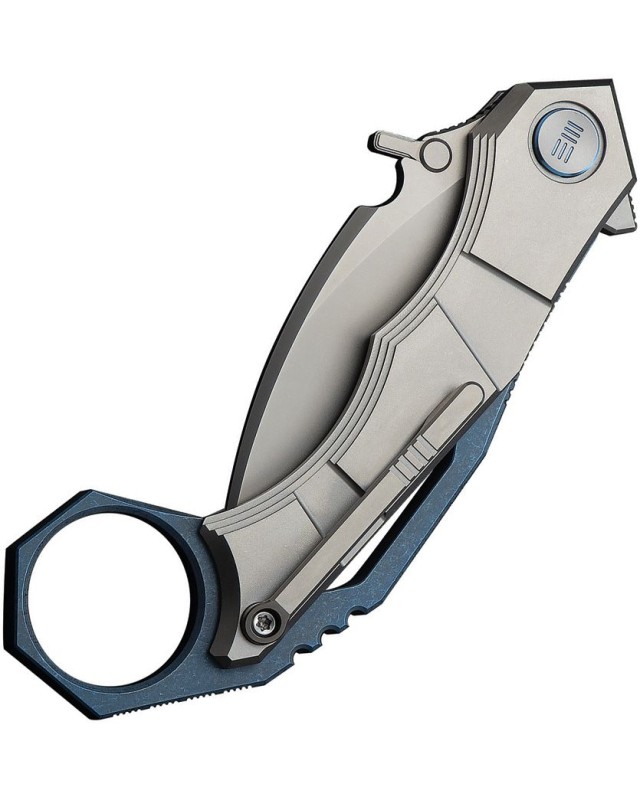 WeKnifeCo Tayra Karambit stonewash finish Bohler M390 stainless hawkbill blade blue and gray stonewashed titanium handle