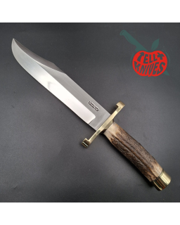 Randall Made Knives Model 12-9 Sportsman Bowie forged carbon steel stag handle brass guard and pommel brown leather sheath
