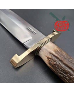Randall Made Knives Model 12-9 Sportsman Bowie forged carbon steel stag handle brass guard and pommel brown leather sheath