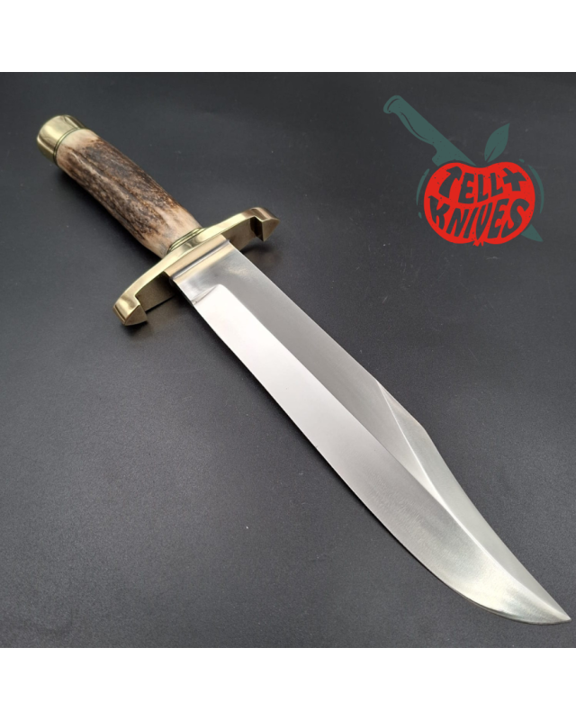 Randall Made Knives Model 12-9 Sportsman Bowie forged carbon steel stag handle brass guard and pommel brown leather sheath