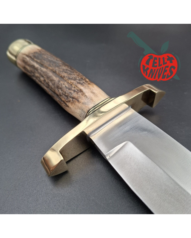 Randall Made Knives Model 12-9 Sportsman Bowie forged carbon steel stag handle brass guard and pommel brown leather sheath