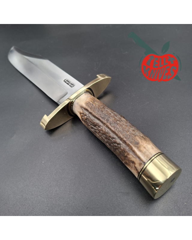 Randall Made Knives Model 12-9 Sportsman Bowie forged carbon steel stag handle brass guard and pommel brown leather sheath