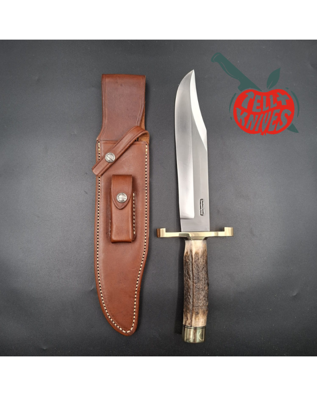 Randall Made Knives Model 12-9 Sportsman Bowie forged carbon steel stag handle brass guard and pommel brown leather sheath